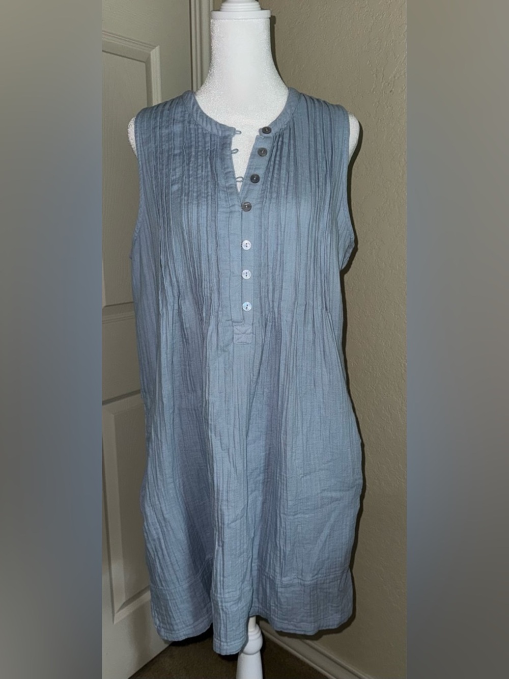 EUC Quince 100% Organic Cotton Gauze Sleeveless Swing Dress Ocean Breeze Small
